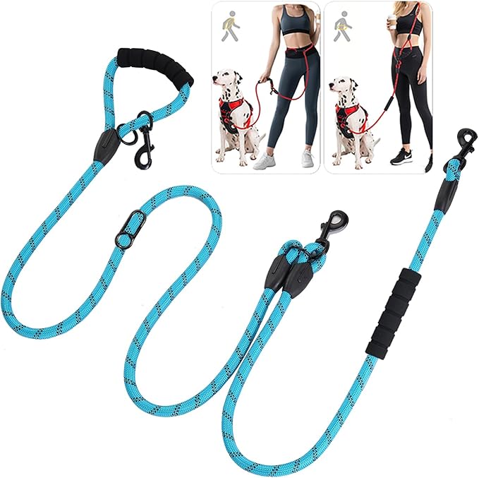 Cymiler Hands Free Dog Leash, 8 Ft Reflective Cross-Body Pet Rope Leashes with Sponge Handle, Heavy Duty Nylon, for Running, Hiking, Training, Waist Leash for Small Medium Large Dogs (Blue)