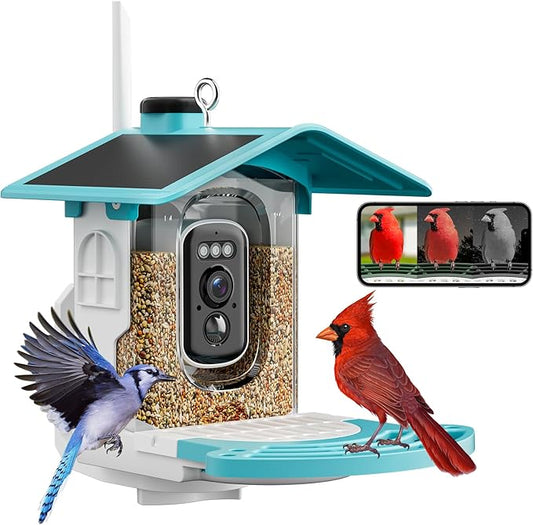 Smart Bird Feeder with Camera Solar Powered - AI Bird Identification, 2K HD Video Live Stream Camera, 3MP Photos, 2.9in Focus, Gifts for Mom Dad Birdlovers, Blue