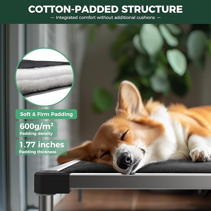 FXW TitanNest Chew-Proof Elevated Dog Bed, Raised Cot for Indoor/Outdoor/Camping Use, Durable & Washable Padded Pet Bed with Exclusive Cover for Large Dogs, 47.0" L x 29.0" W x 7.3" H, Black