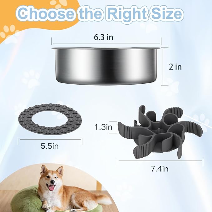 2-in-1 Slow Feeder Dog Bowls, Stainless Steel Pet Bowls with Silicone Feeder Insert, Removable Non-Slip Rubber Base for Dogs to Slow Down Eating (Small Breed)