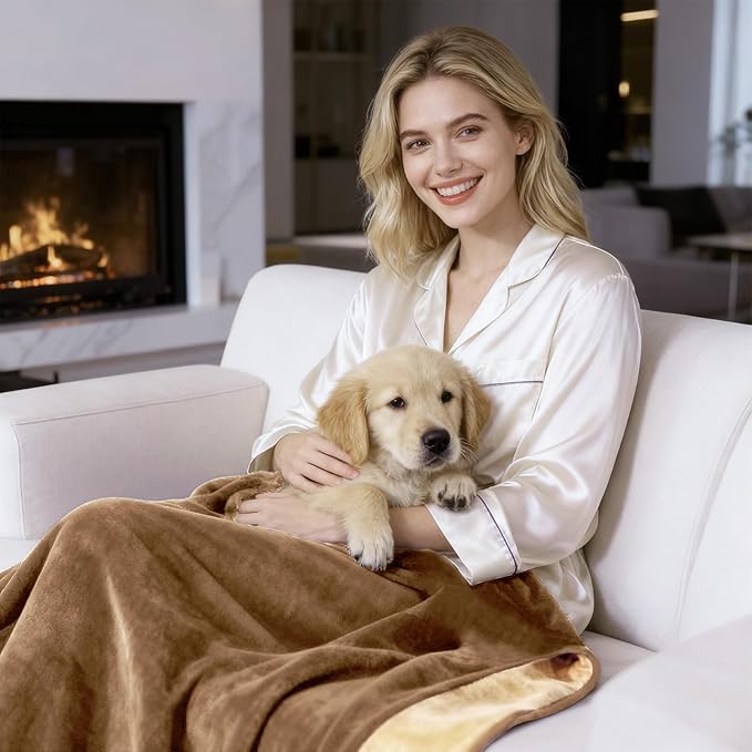 QiyI Waterproof Blanket for Bed Couch Sofa, Small Washable Reversible & Reusable Pet Dog Cat Throw Blanket, Leakproof Stain Resistant Sofa Cover, 40"x60", Brown/Tan