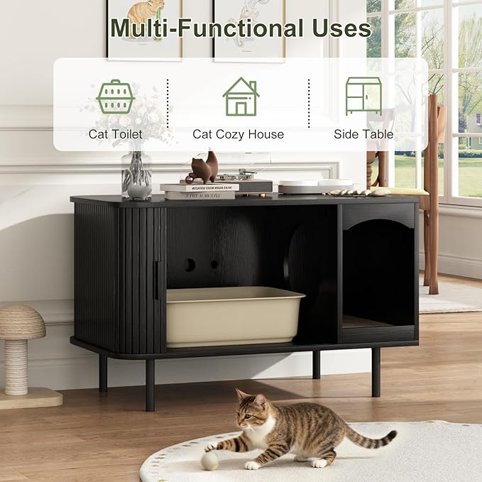Cat Litter Box Enclosure Furniture, Fluted Hidden Litter Box Furniture with Scratching Pad, Large Wood Cat House Indoor Modern Cabinet Side End Table for Living Room, Entryway, Black