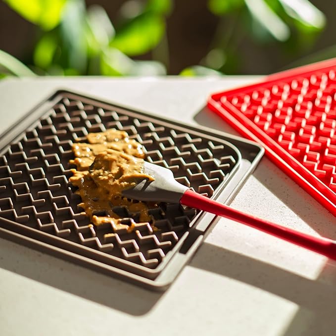 Messy Mutts Silicone Therapeutic Interactive Feeding and Licking Mat | 8” x 8” | Slow Feeder for Boredom & Anxiety | Lick Pad for Cats & Small Dogs | Grey