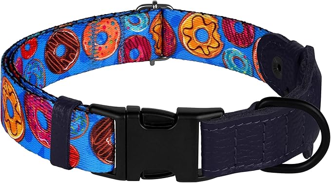 AirTag Dog Collar with Metal Buckle - Printed Nylon Soft Leather Dog Collar with Apple AirTag Holder - Secure Tracking GPS Pet Collars for Girl Boy Small Large Dogs (L, 17"-21" Neck Fit, Donuts)