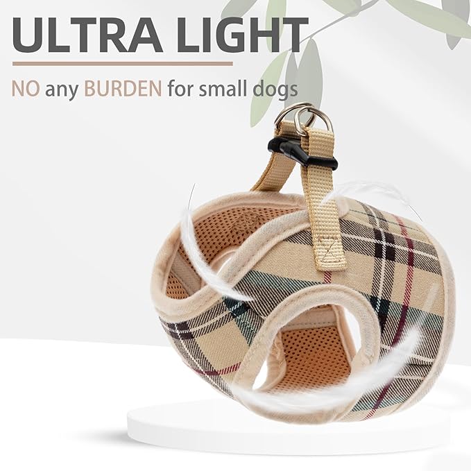 PUPTECK Soft Mesh Dog Harness and Leash Set Step-in Plaid Puppy Padded No Pull Vest Harness for XS Small Medium Sized Dogs Cats Outdoor Walking, Beige S