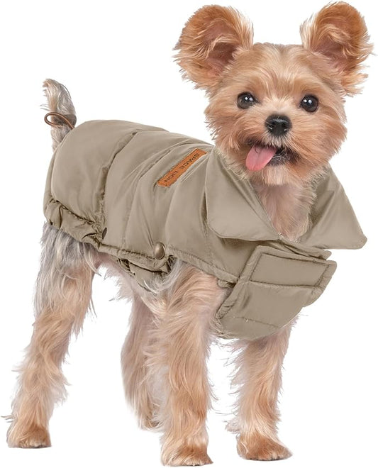 SPACE LION Dog Puffer Jacket, Down Winter Coat, Durable Outdoor Coat for Cold and Windy Conditions, Lightweight & Adjustable Fit Coats for Small Dogs, (Khaki, Size10/S)