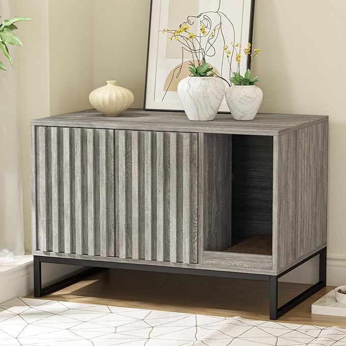 Litter Box Enclosure, Modern Cat Litter Box Enclosure Furniture Hidden Litter Box with Cat Scratch Pad, Cat Washroom Cat House End Table, Entryway Bench for Livingroom (Grey)