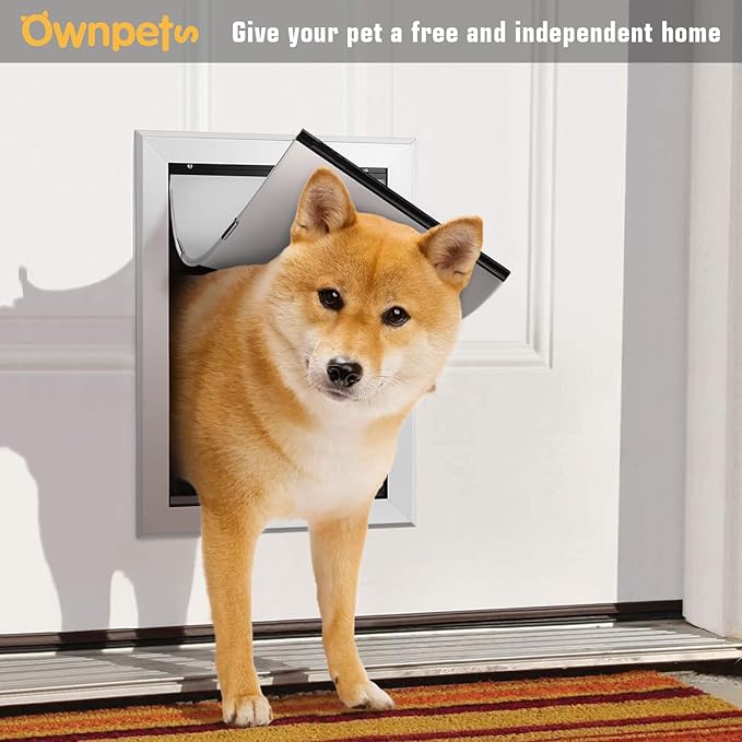 Ownpets Aluminum Dog Door, Pet Door with Magnetic Flap and Lockable Sliding Panel, Heavy Duty Doggy Door for Dogs Up to 40lbs(Silver)