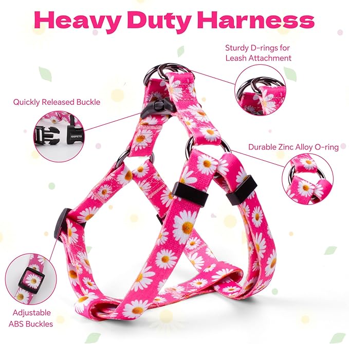QQPETS Dog Harness Leash Set Adjustable Heavy Duty No Pull Halter Harnesses for Small Medium Large Breed Dogs Back Clip Anti-Twist Perfect for Walking (L(23"-32" Chest Girth), Daisy)