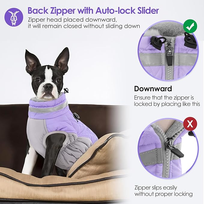 AOFITEE Dog Coat, Warm Dog Winter Coat, Reflective Turtleneck Large Dogs Jacket with Harness Built in, Turtleneck Pet Winter Jacket, Waterproof Pet Snow Jackets Fleece Vest, Lilac XL