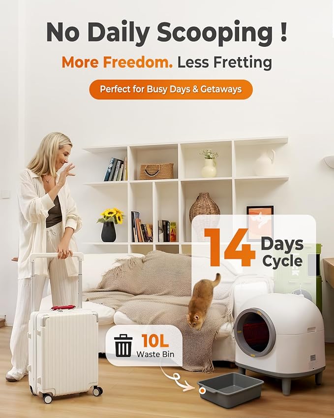 Self Cleaning Litter Box, 100L Automatic Cat Litter Box for Multiple Cats, Smart APP Control, with Trap Mat & Ramp, White (Pro Model)