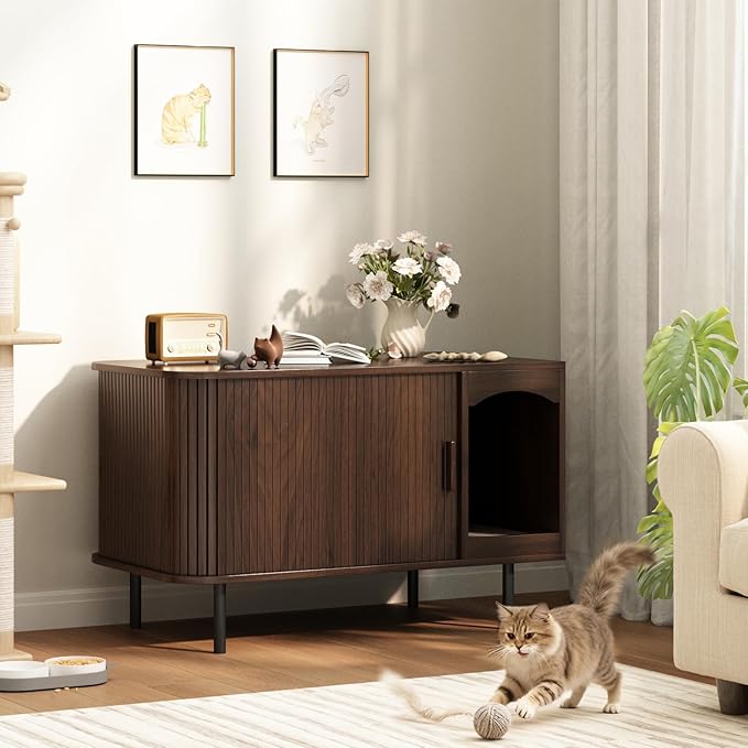 Cat Litter Box Enclosure Furniture, Hidden Litter Box Cabinet with Scratching Pad, Large Fluted Wood Cat House Indoor Modern Side End Table Litterbox Furniture for Living Room, Entryway, Walnut