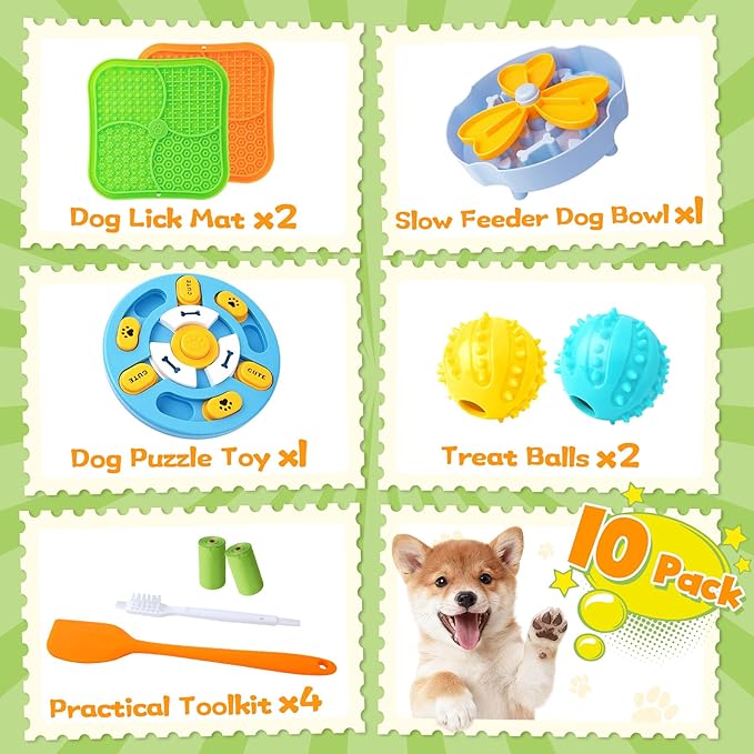 Curated Dog Puzzle Toys for Boredom and Mental Stimulation, 10-Pack Enrichment Toy Set with Slow Feeder Bowl, Lick Mat & Treat Ball to Keep Dogs Busy and Engaged