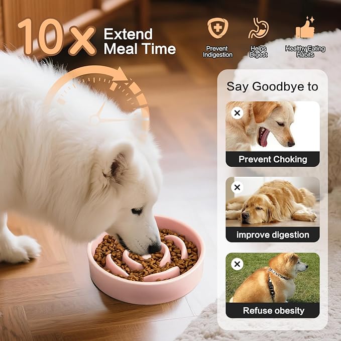 6'' Ceramic Slow Feeder Dog Bowls - Petal Shape Modern Dog Food Dish for Cats and Small Breed Dogs, Puzzle Maze Bowl to Slow Down Eating, Anti-Gulping, Dishwasher & Microwave Safe, Pink