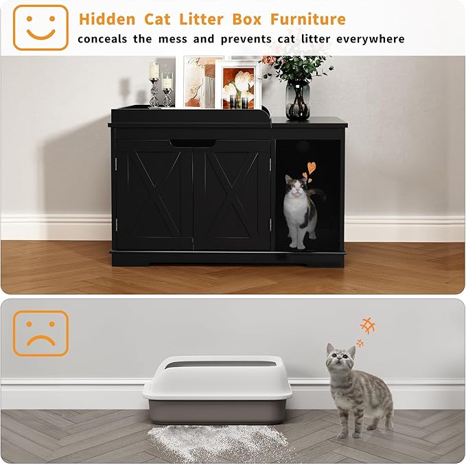 Flip Top Cat Litter Boxes Enclosure Covered Litter Box Hidden Furniture Wooden Cat Washroom Cabinet for Kitty, Medium and Large Cat Black
