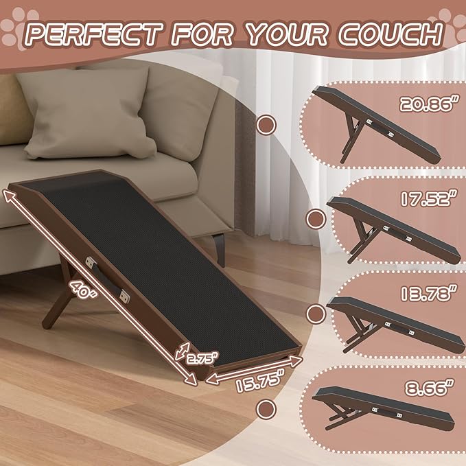 Dog Ramp for Couch, Dog Bed Ramp for Small Dogs, 4-Level Adjustable (8.6"-20.9") Foldable Pet Ramp, Wide Non-Slip EVA Surface with Glow Strips, Solid Birchwood 200Lbs