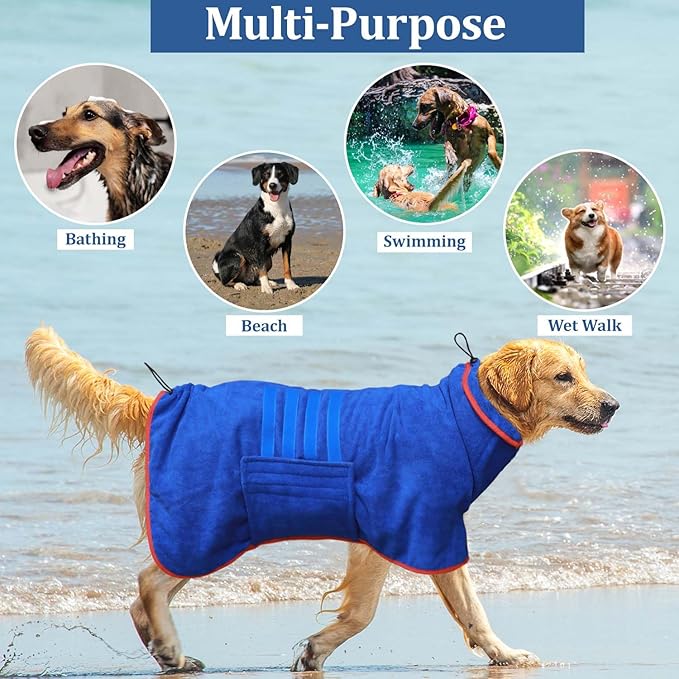 Dog Drying Coat - Fast Drying Dog Bathrobe Towel,Super Absorbent Pet Bath Robe,Microfibre Quick Dry Warm Keeping Robes with Adjustable Collar and Waist (Blue, X-Large)