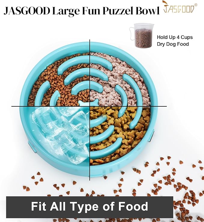 JASGOOD Sky Blue Large Slow Feeder Dog Puzzle Bowl - Slower Feeder, Anti-Choking, Interactive, Bloat Stop, Pet Slow Eating