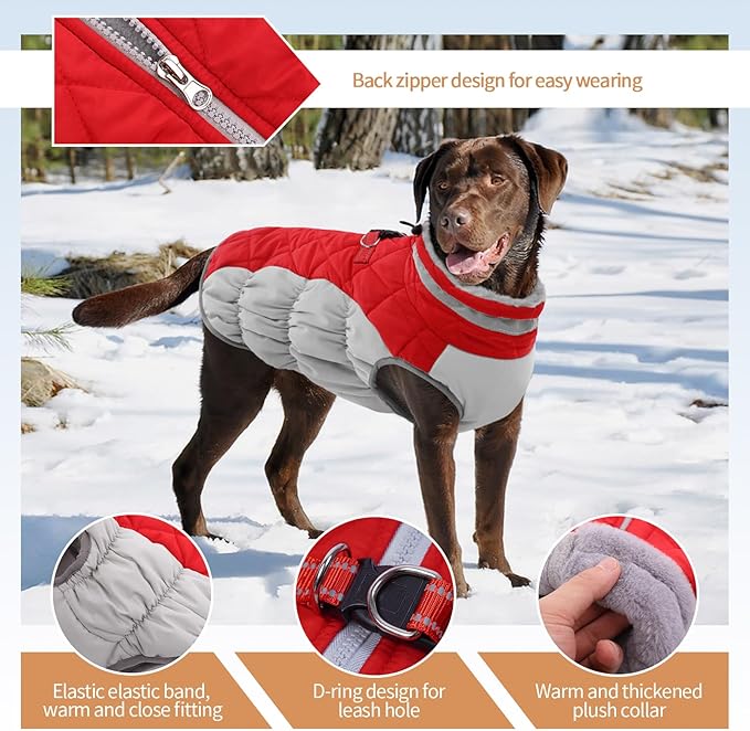 Dog Coats for Large Dogs,XL Dog Coat,Warm Fleece Winter Coat with D-Ring,Back Zipper Pet Jacket for Large Dogs,Waterproof Pet Snow Jacket Clothes Snowsuit Beagle Corgi Border Collie,Red,XL