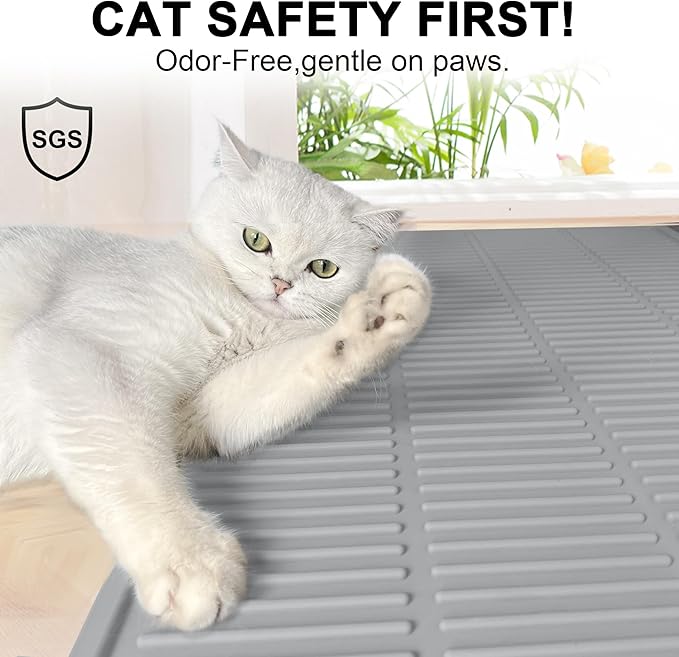 PetNova Extra Large Litter Mat: XL 39"x29" Silicone Waterproof Groove Design Litter Trapping Mat Easy to Clean for Multiple-Cats - Jumbo Non-Slip Cat Box Rug for Floor (Cool Grey)
