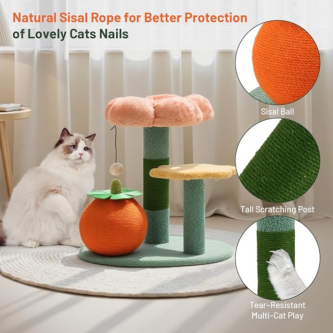 Sisal Cat Scratcher for Indoor Cat Kitten Sugar Ball Scratching Post with Hanging Ball,Solid Wooden 2 Level Track,Interactive Toy