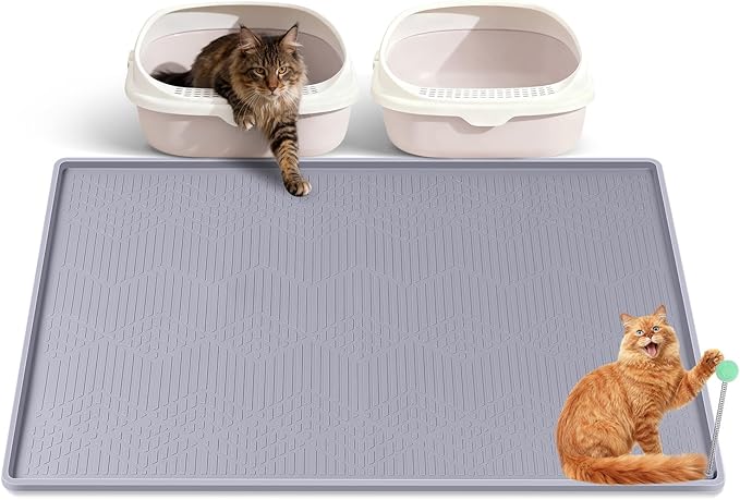 Large Cat Litter Mat with Toy Ball, 38'' x 25'' Silicone Cat Litter Trapping Mat for Scatter Control, Soft on Kitty Paws, Easy to Clean (Light Grey)