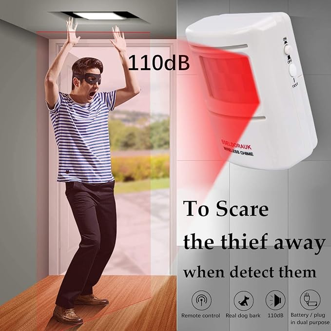 Dog Barking Alarm Motion Detector,Pir Wireless Human Body Walking Sensor Doorbell Door Security Alert System Device for Home or Office Burglar Deterrent (1Sensor + 2Receivers, White)