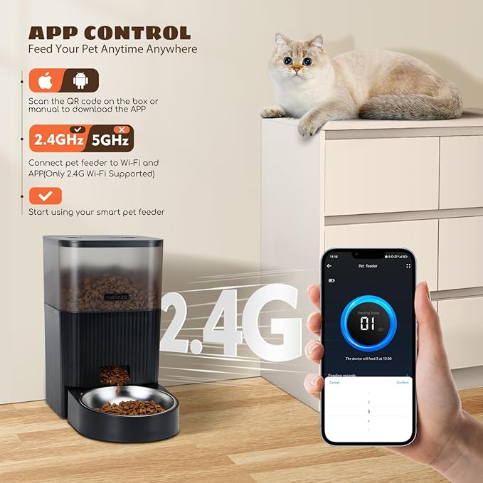 Nobleza Automatic Cat Feeder, WiFi 4.2qt Large Container Automatic Dog Feeder Dispenser with Slow Feeding Sensor, Easy Setup with Dual Power Safety Material Cat Food Dispenser