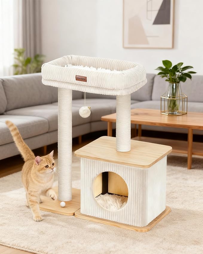 Modern Cat Tree for Indoor Cats, Nordic Loft Style, Wooden Cat Tower with Sisal Scratching Posts, Soft Padded Beds & Cozy Condos, Floor-Mounted for Kittens & Adult Cats