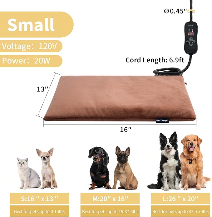 Cat Heating Pad, Heated Cat Bed with 5 Heat Levels, Timer & Auto Shut-Off, Waterproof Warmer with Thick Fleece Cover, Chew-Resistant Cord, for Indoor & Sheltered Outdoor Use, 16" x 13"