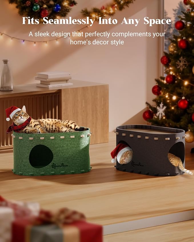 DownyPaws Cat House for Indoor Cats, Cat Bed Cave for Multiple & Large Cats Up to 22 Lbs, Scratch Resistant Peekaboo Cat Caves, Foldable Tunnel Enclosed Bed, PeekaPurr, Forest