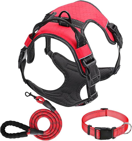 Dog Harness Set, No Pull Dog Vest Harness and 5ft Leash & Collar for Small Medium Sized Large Dog Cat,Adjustable Soft Nylon Padded Dog Vest Reflective Front Clip Vest with Easy Handle -Red L