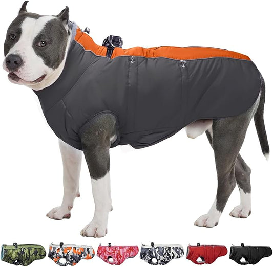 Dog Winter Jacket - XX Large, Warm Zip Up Snowsuit Dog Harness Vest, Reflective, Water-Resistant, Orange-Gray