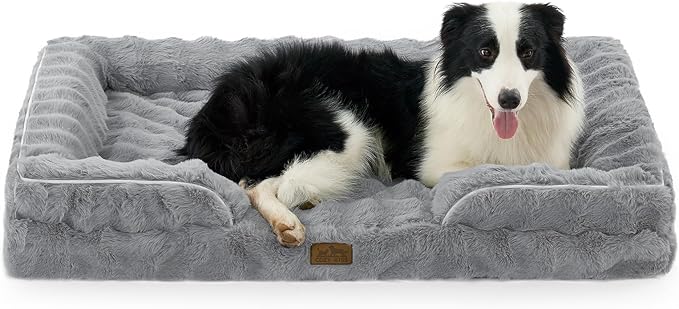 Orthopedic Dog Bed for Large Size Dog, Soft and Warm Faux Fur Extra Large Sofa for Pet Up to 100 lbs, Foam Bolster Anti-Slip Couch with Washable Removable Cover, XL 44x32x7 inch, Grey