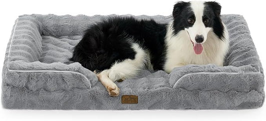 Orthopedic Dog Bed for Large Size Dog, Soft and Warm Faux Fur Extra Large Sofa for Pet Up to 100 lbs, Foam Bolster Anti-Slip Couch with Washable Removable Cover, XL 44x32x7 inch, Grey