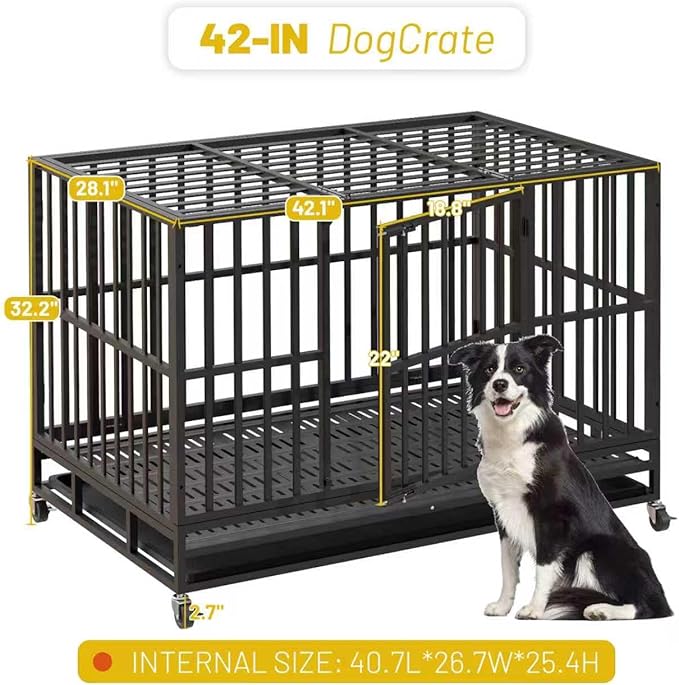 Escape-Proof Heavy Duty 42" Dog Crate, Indestructible Steel Kennel for Large & High-Anxiety Dogs with 300Lbs Capacity, Double Door Design with 4 Locking Wheels and Reinforced Baseplate.