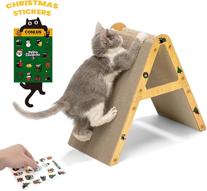 A-Frame Cat Scratching Board, Recycled Cardboard & Wood Frame, Dual-Sided Vertical Horizontal Cat Scratcher for Indoor Kittens, Xmas, Multiple Kitten Scratch Pads, Small