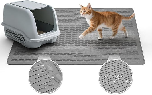 Cat Litter Mat,34x22in Litter Mat with Raised Edges,Waterproof Rubber Litter Box Mat,Soft Washable Cat Litter Mats Litter Trapping Mat Easy to Clean,Indoor Floor Large Kitty Litter Mats Grey