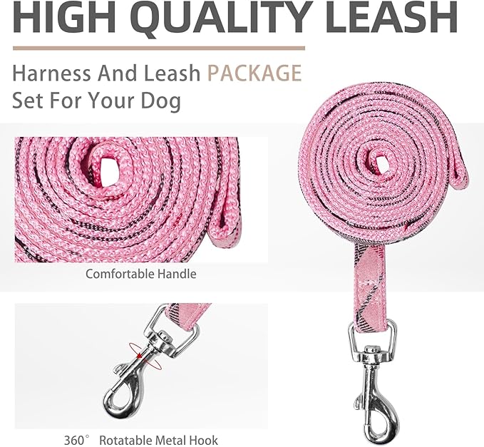 PUPTECK Soft Mesh Dog Harness and Leash Set Step-in Plaid Puppy Padded No Pull Vest Harness for XS Small Medium Sized Dogs Cats Outdoor Walking, Pink L