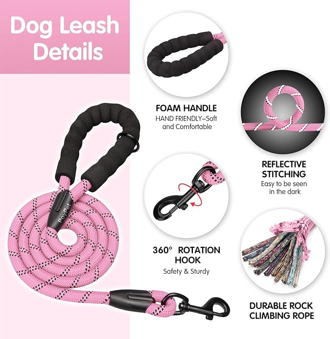 PoyPet No Pull Dog Harness and 5 Feet Leash Set, Release on Neck Reflective Adjustable Pet Vest, Front & Back 2 D-Ring and Soft Padded Pet Harness with Handle for Small to Large Dogs(Pink,L)