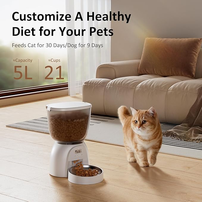 5L/21 Cup Automatic Cat Feeder, Timed Cat Food Dispenser, Automatic Pet Feeders Up to 6 Meals 1-20 Portion, Dual Power Supply Cats Feeder with Stainless Steel, Pet Dry Food Dispenser for Cats & Puppy