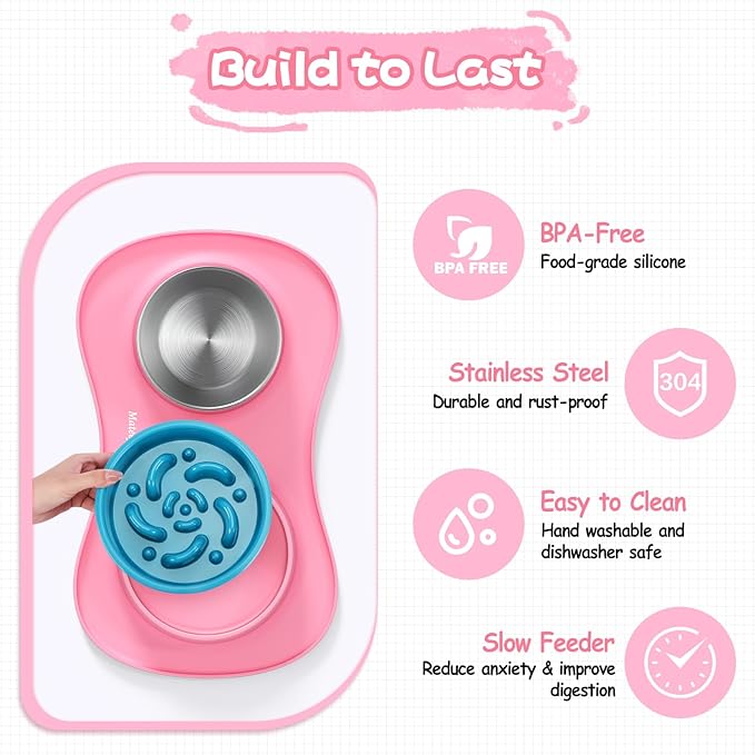 MateeyLife Dog Food Bowl Set 3 in 1, Dog Bowls & Water Stainless Steel Bowl with Non-Spill Silicone Mat, Slow Feeder Bowls for Small, Medium, Large Breeds, Cat Feeding Dish to Anti-Choking