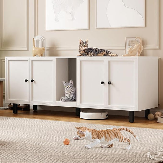 ONBRILL 63 Inches Cat Litter Box Enclosure for 2 Cats, Hidden Litter Boxes Furniture with Cat Scratch Pad, Large Indoor Pet House with Double Room, Wooden TV Stand Side Table, Off White