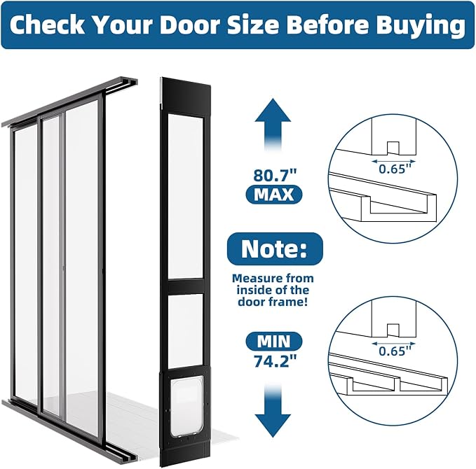 Dog Door for Sliding Glass Door, Magnetic Plastic Flap Sliding Door Pet Insert with Lock, Adjustable Height 74.2”-80.7”, No-Cut Installation for Patio Dog Access(Black M)