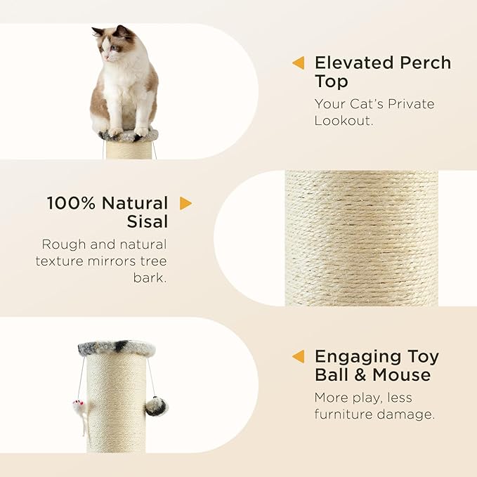 Joydeco Cat Scratching Post 38 Inches Heavy Duty and Thick Scratching Post Sisal Rope with Hanging Ball and Mice for Indoor Cats(Grey)