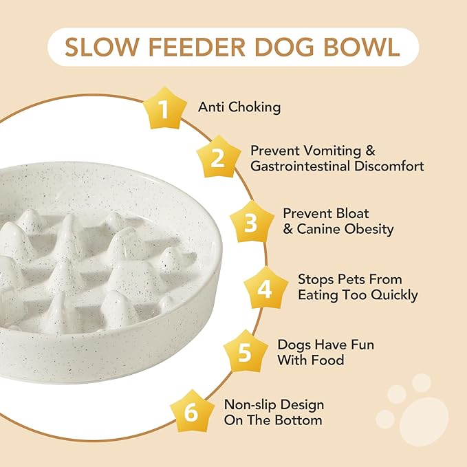 Ceramic 1.6 Cup Raised Slow Feeder Dog Bowl Set, Elevated Acacia Wood Stand for Medium and Large Dogs, 8.2inch Slow Pet Dish for Fast Eaters(1 Bowl & Stand, Vanilla White)