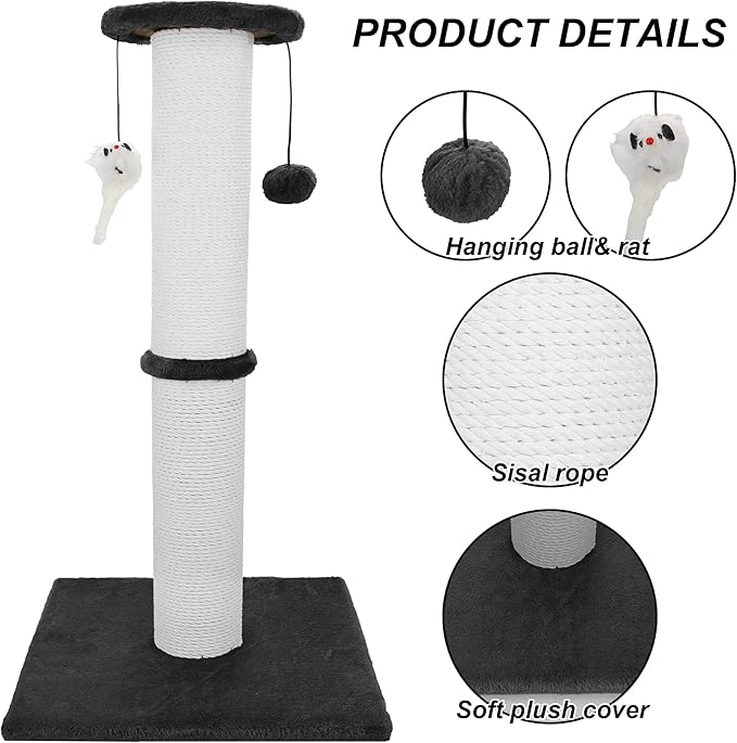 Cat Scratching Post 34 Inches Heavy Duty and Thicker Cat Scratching Post Sisal Rope with Hanging Ball and Mice Scratching Post for Indoor Cats and Adult(Black)