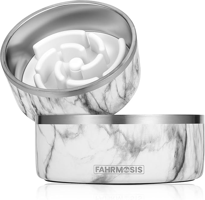 32 Oz Dog Bowl with Slow Feeder Insert Stainless Steel Pet Water Bowl for Medium & Large Breed Non Slip Rubber Base & Plastic Puzzle Feeder - White Marble
