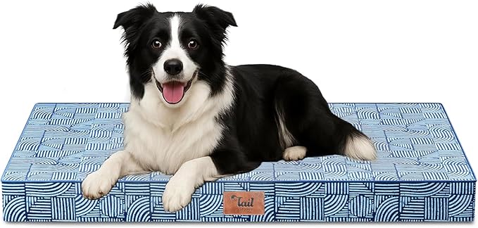 Outdoor Dog Bed for Medium Dogs, Waterproof Dog Crate Mat Orthopedic Egg Crate Foam Pet Bed with Washable Removable Oxford Cover, White Blue