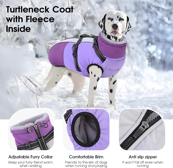 SUNFURA Dog Coat, Dog Jacket for Large Dogs with Harness Built in, Warm Pet Winter Coat Zip Up Snow Jacket with Furry Collar for Boston Terrier, French Bulldogs, Purple L